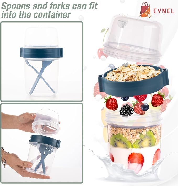 4 Pack On The Go 22 oz Breakfast Cups with Lids and Spoon, Reusable Cereal Yogurt Cup with Topping Plastic Overnight Oats Container for Granola Oatmeal (37 oz - Navy Blue - 4 Pack)