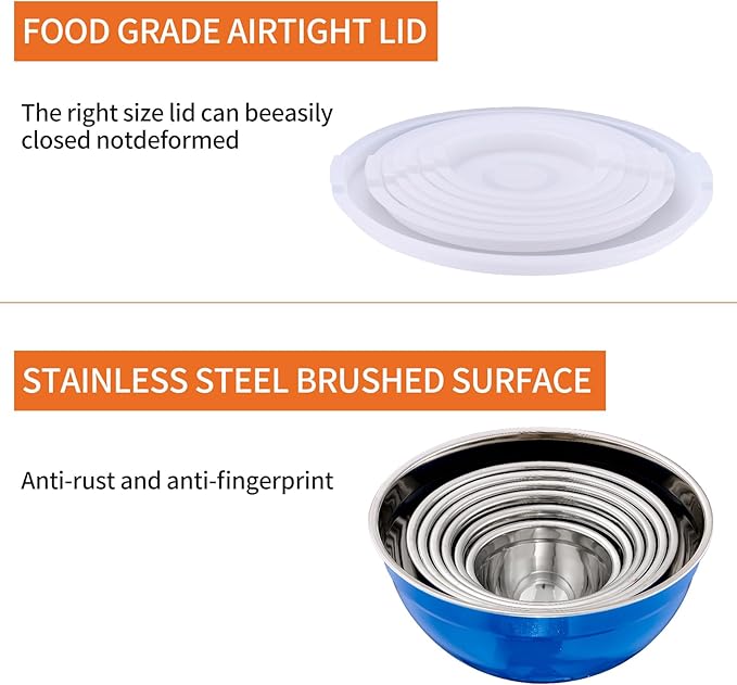 Blue Mixing Bowls With Airtight Lids,Stainless Steel Bowl,Salad Bowls 7 Piece Colorful Nesting Bowl Rainbow Kitchen Accessories,Size 7,3.6,2.7,2.1,1.5,1.1,0.8QT Stackable Design