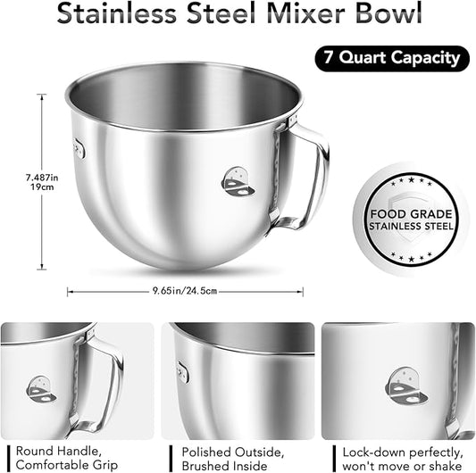 7 QT Food-Grade 304 Stainless Steel Mixer Bowl fit for KitchenAid Bowl-Lift Stand Mixer, Mixing Bowl with Anti-slip Handle & Lid for Kitchen Aid 7 Quart Mixer