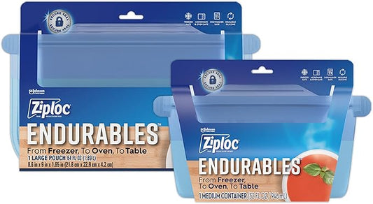 Ziploc Endurables Large Pouch and Medium Container, Reusable Silicone Bags and Food Storage Meal Prep Containers for Freezer, Oven, and Microwave, Dishwasher Safe