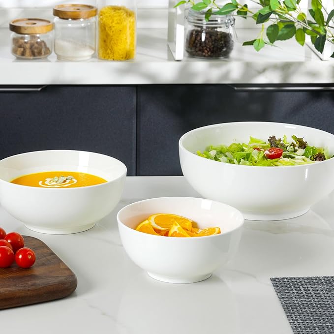 DOWAN Large Serving Bowls, Salad Bowl Set, 86/36/24 Ounces Mixing Bowls for Kitchen, White Soup Bowl, Serving Bowls Set of 3, Ceramic Bowl Sets for Family Party