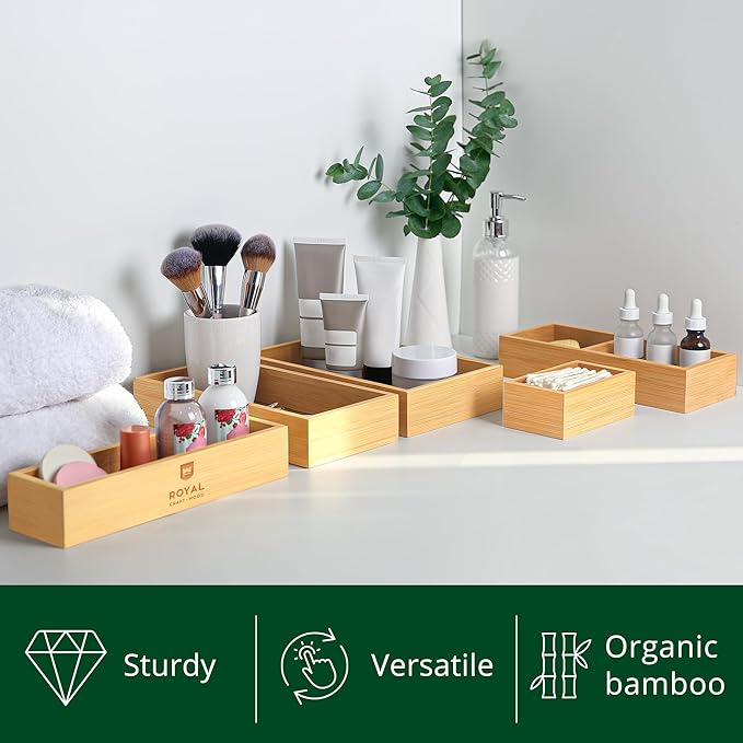 ROYAL CRAFT WOOD 5-Piece Bamboo Drawer Organizer Set – Multi-Use Storage Trays for Kitchen, Bathroom, Office, Makeup, Jewelry & More – Junk Drawer Tray, Utensil Holder, Storage Box & Bin Set (5 Boxes)