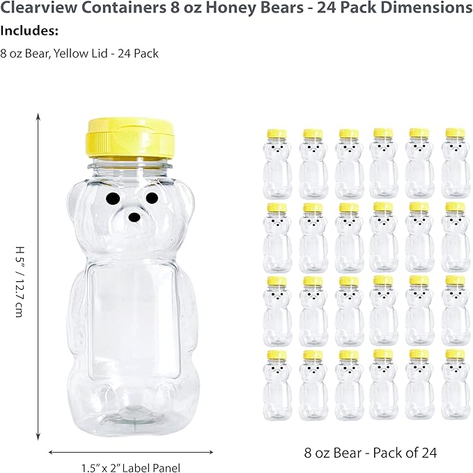 24 Pack of 8 Ounce Honey Bears with Sealable Yellow Flip Top Lids (8 oz. Bear, 24pk, Yellow)