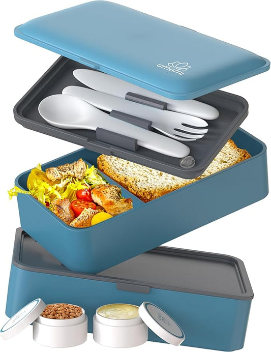 Umami Bento Box Adult All-In-1 w/4 Utensils, 2 Sauce Jars, 2 Dividers, 100% Leakproof, Microwave & Dishwasher Safe, Stackable Bento Lunch Box Containers for Men/Women, Denim Blue, 40 oz