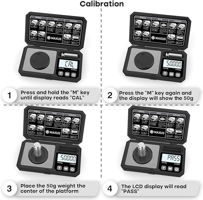 MAXUS Milligram Scale 50g/0.001g, Compact Mg Scale with 50g Calibration Weight, Black Powder Scale for Reloading, Includes a Scoop, a Powder Pan, a USB Cable and Tweezers