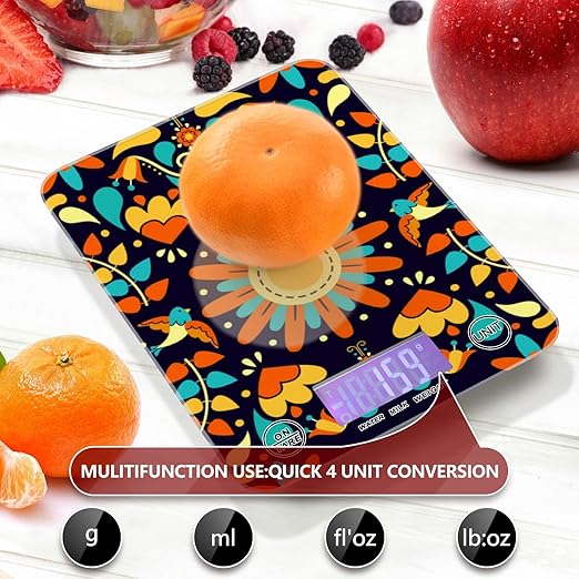 Food Scale Kitchen Digital Scale Food Ounces and Grams Dieting Baking Cooking Waterproof Glass Panels LCD Display,4 Units Scale Tare Function Boho Floral