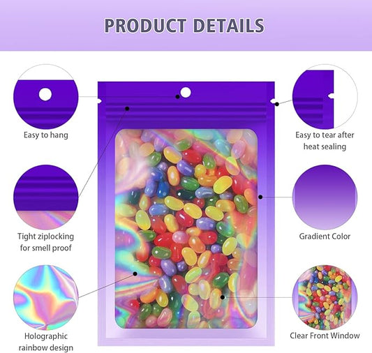 100 Pieces Resealable Mylar Bags, Smell Proof Bags with Clear Window for Food Storage Party Favor Packaging Small Business (Gradient Purple, 4.1×5.9 Inch)