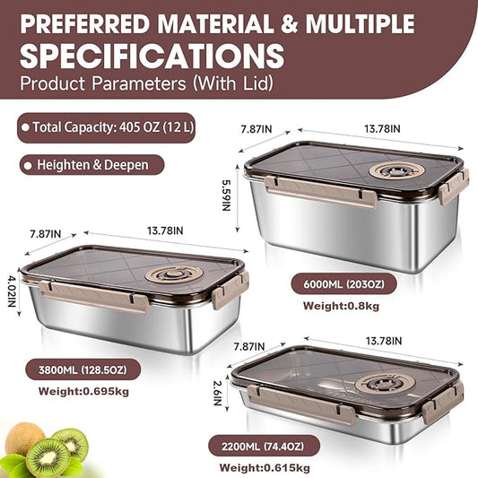Large Food Containers with Lids Meal Prep Container Airtight Pantry Kitchen Storage Containers Set Reusable Stainless Steel Bowl for Home, Travel, Work, Party, Leftovers (203OZ+128OZ+74OZ)