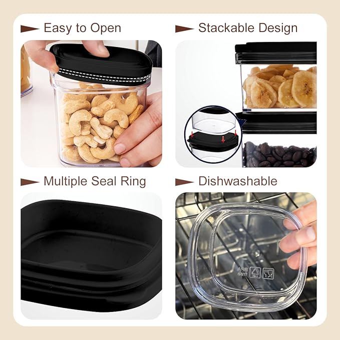12-Piece Airtight Food Storage Containers Set – 6x 230ML, 5x 390ML & 1x 880ML BPA-FREE Plastic Kitchen Canisters with Lids for Dry Food, Snacks, Spices, Pantry Organization (Black)
