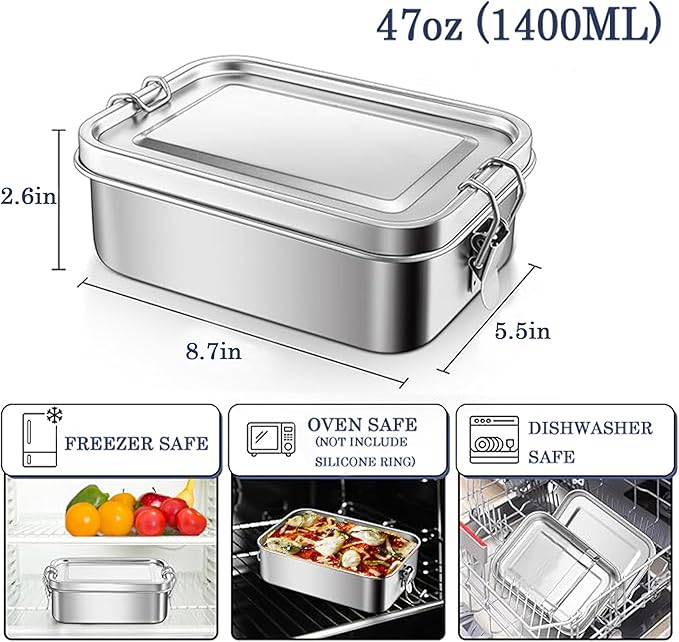 18/8 Stainless Steel Bento Box with Removable Dividers, 47oz (1400ML) Metal Lunch Food Container with Lids and Locking Clips, Food Storage Containers for Office Meals, School, Leak-Proof