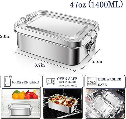 18/8 Stainless Steel Bento Box with Removable Dividers, 47oz (1400ML) Metal Lunch Food Container with Lids and Locking Clips, Food Storage Containers for Office Meals, School, Leak-Proof