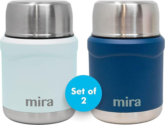MIRA 2-Pack Food Thermos Set (15 oz) for hot and cold foods - Insulated Stainless Steel Containers with Spoons - Pearl Blue & Hawaiian Blue