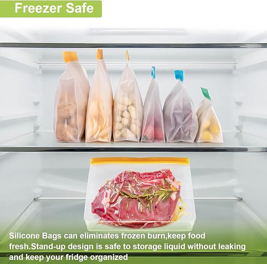 Dishwasher Safe Food Storage Bags Stand Up, Reusable Gallon Freezer Bags, Reusable Bags Various Size, Gallon Bags, Sandwich Bags, Snack Bags, Leakproof Reusable Silicone Bags (18Pack)