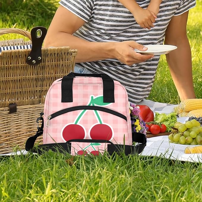 Pink Check Cherry Print Insulated Lunch Bag with Detachable Shoulder Strap & Carry Handle Reusable Eco-friendly Cooler Bag Tote Bag Picnic Box for Kids Men Women