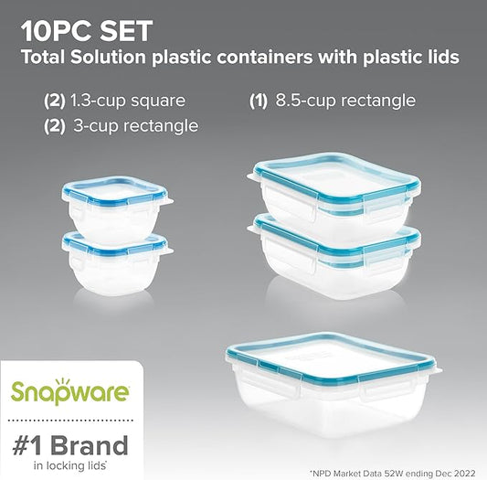 Snapware Total Solution 5-Pack (Mixed Sizes) Plastic Food Storage Containers Set, Leakproof & Airtight Locking Lids Rectangular Tupperware, Non-Toxic BPA-Free Lids, Microwave Dishwasher Freezer Safe