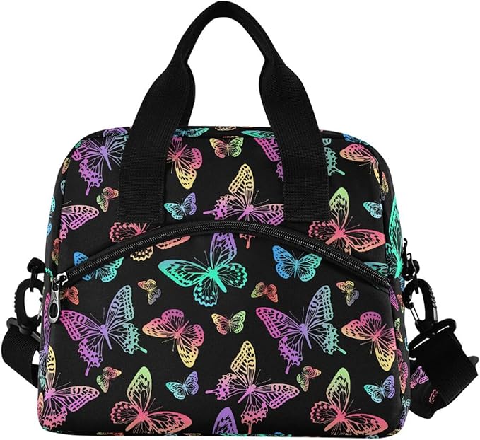 Rainbow Butterfly Lunch Bag for Man and Women Water-Resistant Fabric Portable Lunch Box, Insulated Meal Tote with Front Pocket