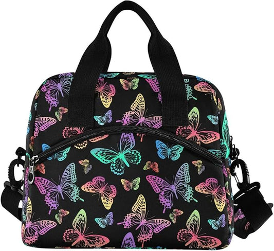 Rainbow Butterfly Lunch Bag for Man and Women Water-Resistant Fabric Portable Lunch Box, Insulated Meal Tote with Front Pocket