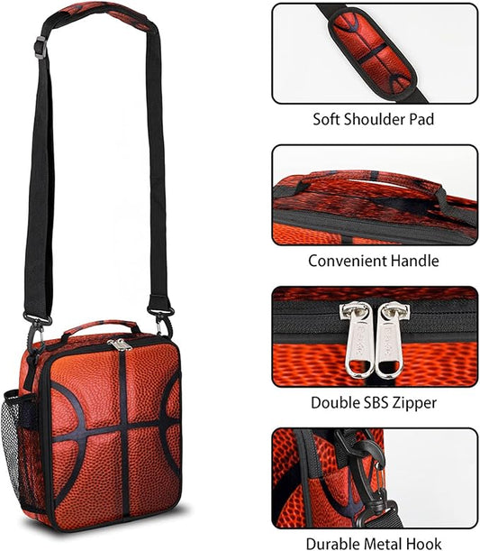Basketball Sport Kids Lunch Box Basketball Texture Insulated Lunch Bag Tote for Girls Boys, Cooler Freezable Meal Prep Bag with Shoulder Strap Waterproof Lunch Container for School Office Picnic