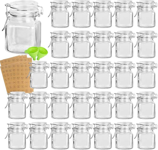 KAMOTA Glass Jars With Lids, 30 pack of 3.5 oz small glass jars for storage spice herbal condiments with leak-proof rubber gaskets and airtight hinged lids, 280 labels and 2 silicone funnels…