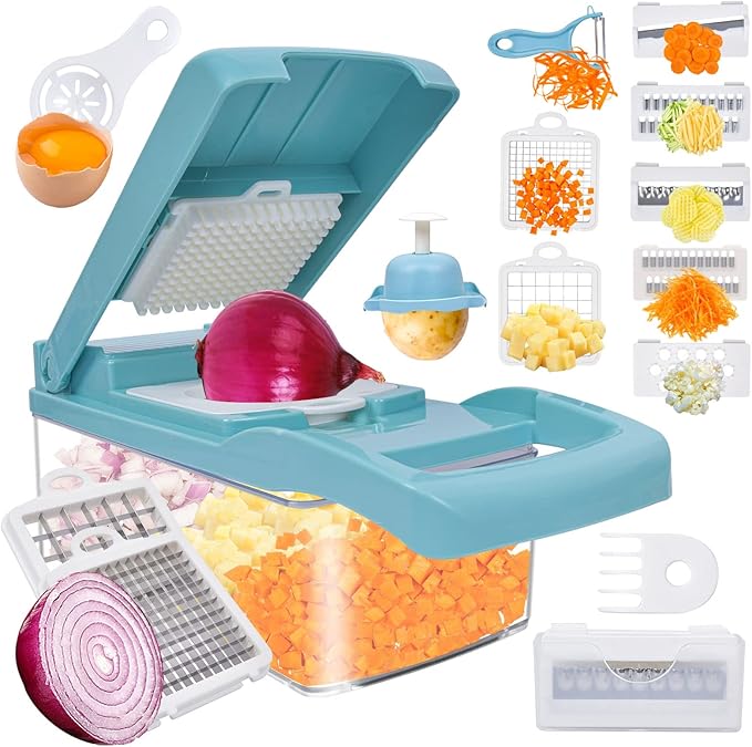 Vegetable Chopper with Container,13-in-1 Multifunctional Food Chopper and Slicer, Onion and Garlic Dicer, Kitchen Essential with 8 Blades for Effortless Meal Prep