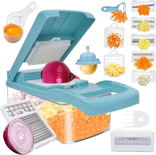 Vegetable Chopper with Container,13-in-1 Multifunctional Food Chopper and Slicer, Onion and Garlic Dicer, Kitchen Essential with 8 Blades for Effortless Meal Prep