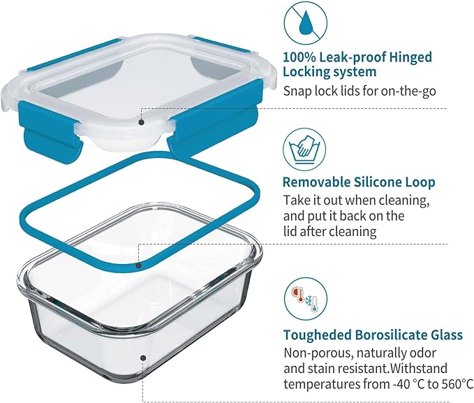 Glass Food Storage Containers with Airtight Lids-Glass Meal Prep Containers/Bento Box/Microwave Freezer Dishwasher Safe-Glass Lunch Box for Kitchen,Stackable,Large Capacity, BPA Free