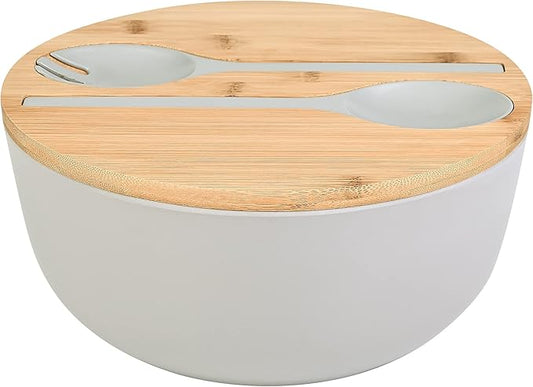 Bamboo Fiber Salad Bowl with Servers Set - Large 9.8 inches mixing bowls Solid Bamboo Salad Wooden Bowl with Bamboo Lid Spoon for Fruits,Salads and Decoration (Grey, 9.8INCH)
