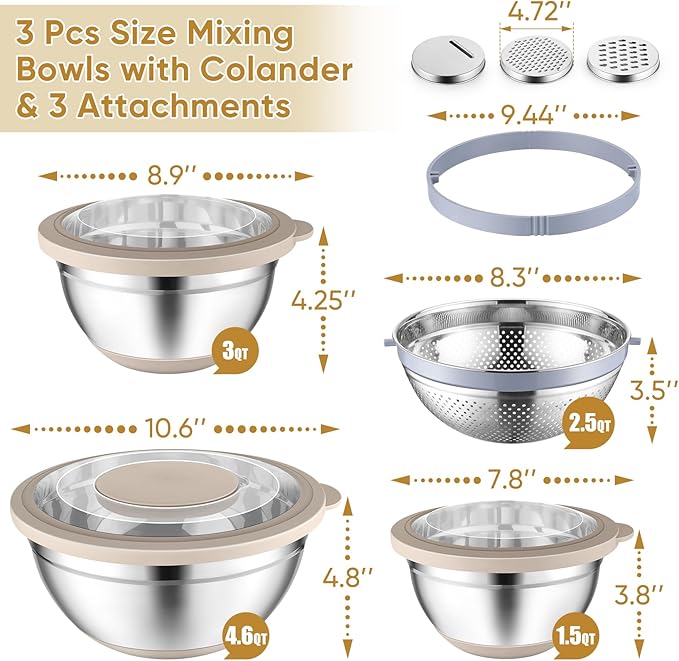 P&P CHEF Mixing Bowls with Lids Set of 3, 3 Pcs Stainless Steel Nesting Salad Bowls and Colander for Kitchen, 3 Grater Attachments & Non-Slip Bottoms, Visible & Airtight Lid, Khaki
