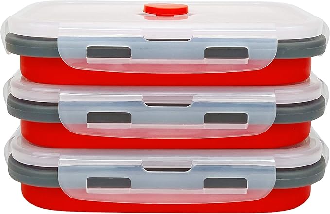 CARTINTS Set of 3 Collapsible Food Storage Containers with Lids, Collapsible Silicone Bowls, Silicone Lunch Containers, For Meal Prep, Camping, Travel, Microwave and Freezer Safe,500ml,Red