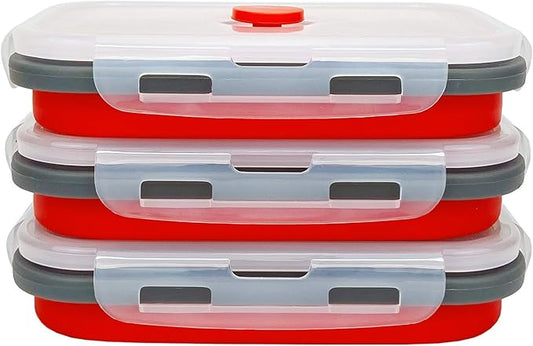 CARTINTS Set of 3 Collapsible Food Storage Containers with Lids, Collapsible Silicone Bowls, Silicone Lunch Containers, For Meal Prep, Camping, Travel, Microwave and Freezer Safe,500ml,Red