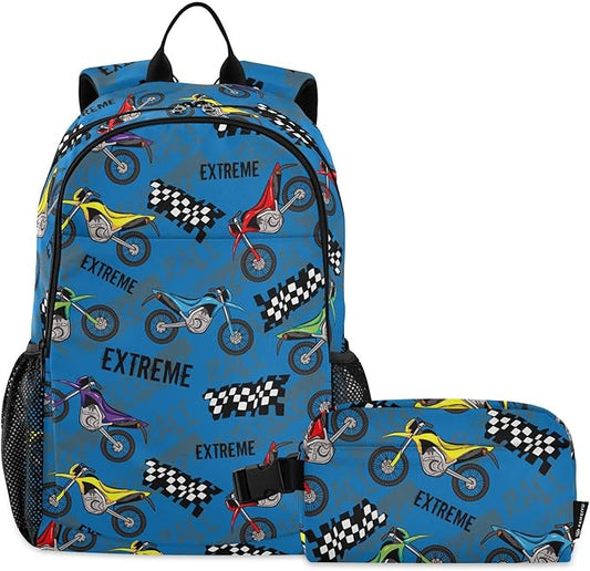 Emelivor Motorcycles Kids Backpack for Girls Boys School Bookbag with Insulated Lunch Box for Hight Middle School Book Bag
