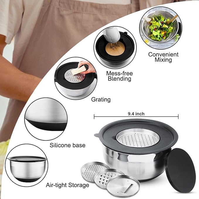 Menbyci 6 Pcs Mixing Bowls with Lids,Stainless Steel Mixing Bowls with 3 Grater Attachments,Non-Slip Bottoms,Kitchen Utensils,Mixing Bowl Set for Kitchen Mixing Baking Prepping Cooking Serving,Black