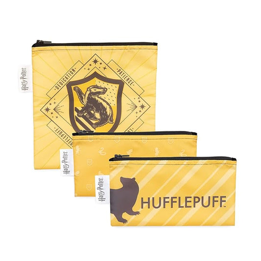 Bumkins Reusable Sandwich and Snack Bags, for Kids School Lunch and for Adults Portion, Washable Fabric, Waterproof Cloth Zip Bag, Travel Pouch, Food-Safe Storage, 3-pk Harry Potter Hufflepuff