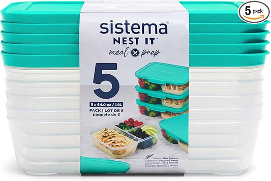 Sistema Nest It Meal Prep Food Storage Containers, 3 Compartments, 8 Cups, BPA-Free, 5-Pack