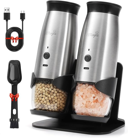 Electric Salt and Pepper Grinder Set with Safe Base, Automatic Mill by Gravity,Adjustable Coarseness with LED,Larger Rechargeable Battery,Easy filling,2 Pack Stainless Steel Kitchen Tools