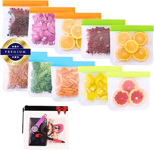 LAUREL Reusable Sandwich Bags - Reusable Freezer Bags, Leakproof Reusable Silicone Food Storage Bags, Marinate Meats, Lunch, Snack, Travel (10 Pack - 10 Sandwich + Gift)