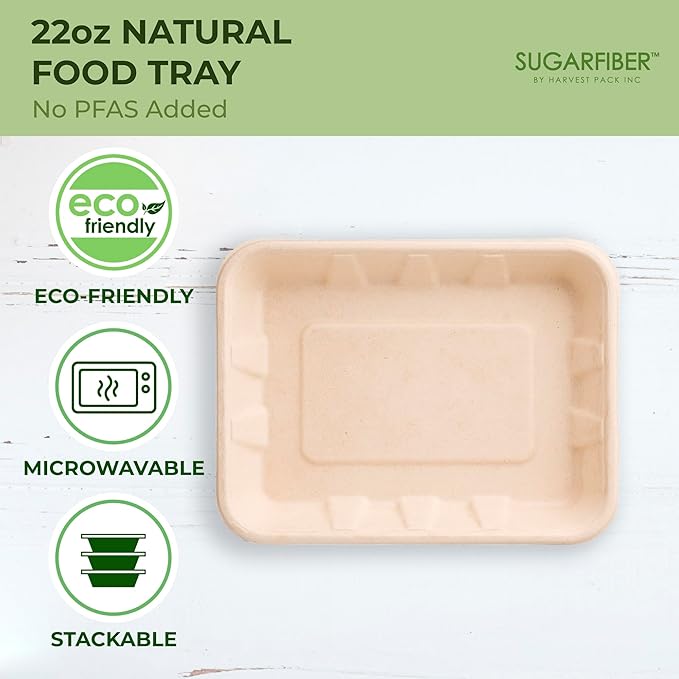 [100 COUNT]Sugarfiber by Harvest Pack 22 oz PFAS FREE Disposable Food Trays, Disposable Food Container Bagasse Serving Trays, Rectangle, Made from Sugarcane Eco-Friendly Plant Fibers, No Lids included