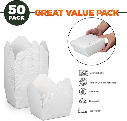 Fit Meal Prep 50 Pack 48 oz Paper Take Out Containers 6.8 x 5.5 x 2.5 - White Lunch Meal Food Boxes #8, Disposable Storage To Go Packaging, Microwave Safe, Leak Grease Resistant for Restaurant
