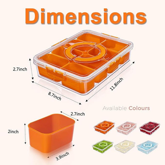 U-QE Dishwasher Safe Snackle Box Container with 8 Small Snacks Box - Premium Orange Plastic Divided Serving Tray with Lid and Handle for Snack, Veggie, Fruits, Perfect for Party, Picnic,Entertaining