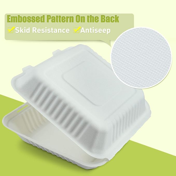 Green Earth 9-Inch, 100-Count, 1-Compartment, Compostable Clamshell, Natural Bagasse, Take-Out/to-Go Food Boxes - Biodegradable Containers