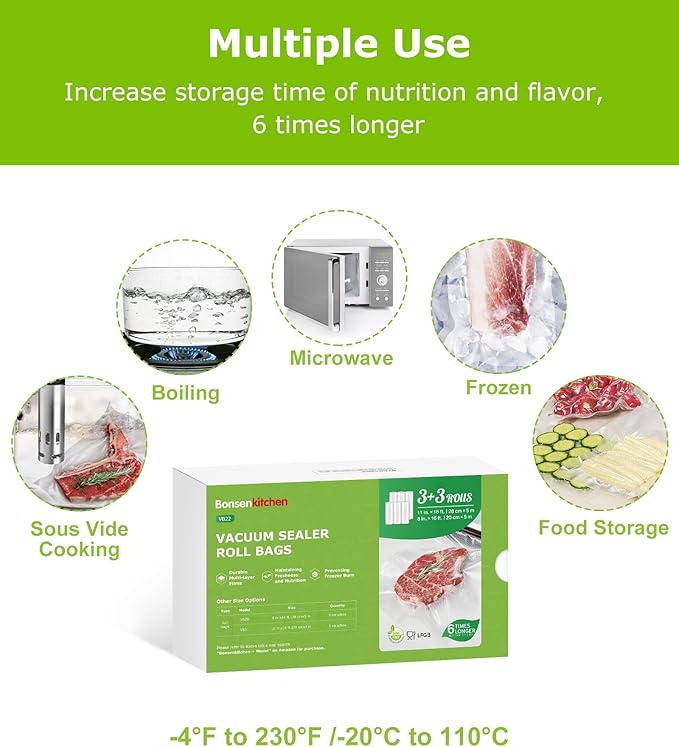 [2025 Upgraded] Bonsenkitchen 3 Rolls 11" x 16' + 3 Rolls 8" x 16' Vacuum Sealer Bags for Food with a Color Box, Easy to Store, Commercial Grade, BPA Free, Great for Food Storage or Sous Vide, VB22