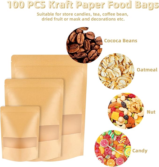 100 Pcs Kraft Stand Up Pouches 3.5 x 5.5 Inch Resealable Zip Lock Food Storage Bags with Matte Window for Packaging