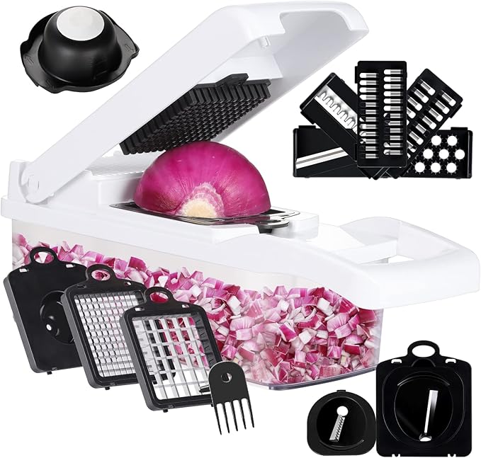 KEOUKE Vegetable Chopper 16in1 Veggie Chopper Slicer Cutter Food Dicer with Container Hand Guard Draining Basket, Pro White