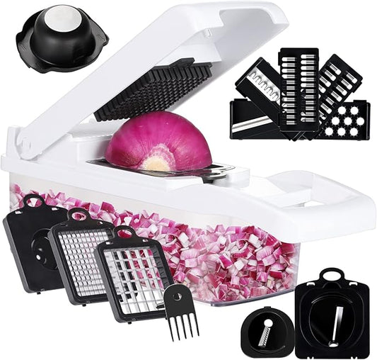 KEOUKE Vegetable Chopper 16in1 Veggie Chopper Slicer Cutter Food Dicer with Container Hand Guard Draining Basket, Pro White