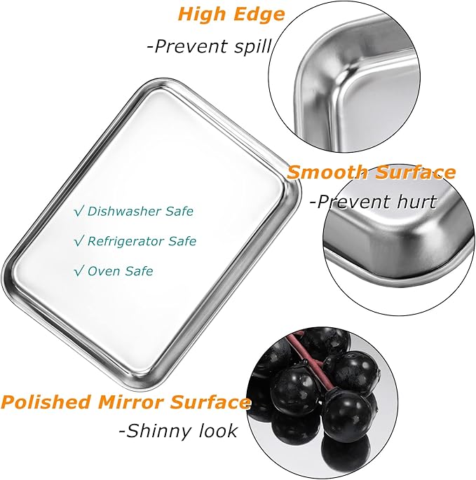 Lyellfe 6 Pack Stainless Steel Plates, Metal Food Tray Plate, 7''L x 5''W Small Baking Sheets for Oven, Food Safe Smooth Polished for Adults, Picky Eaters, Campers, Hand Project
