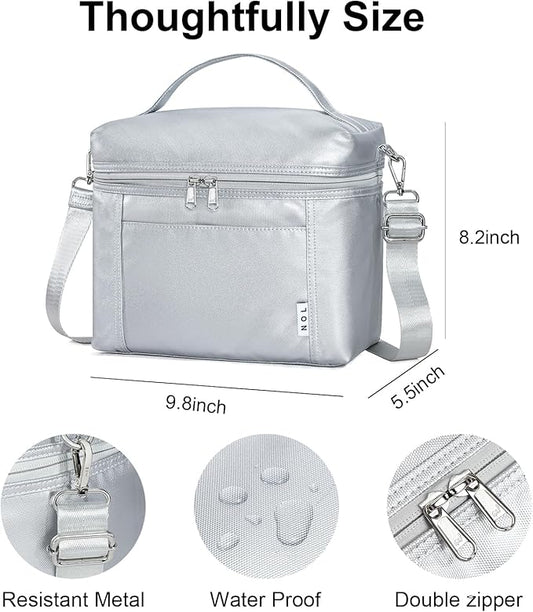 NOL Natural Organic Lifestyle Insulated Lunch Bags for Women Cooler Bag Lightweight Nylon Waterproof Lunch Box For Work (Silver, Medium(normal))