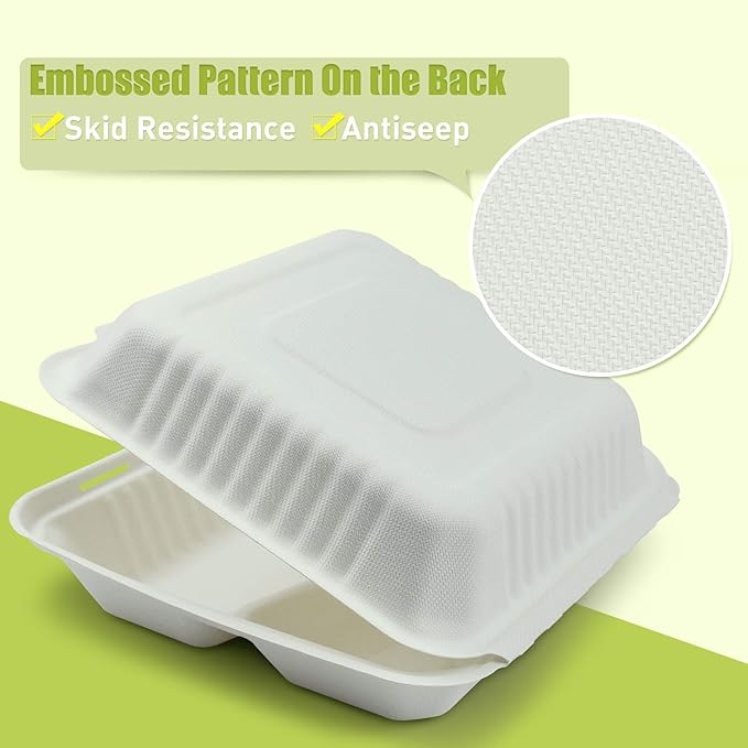 Green Earth 9-inch, 200-Count, 3-Compartment, Compostable Clamshell, Natural Bagasse (Sugarcane Fiber), Take-Out/to-Go Food Boxes - Biodegradable Containers, Hinged Lid Microwave-Safe Gluten-Free