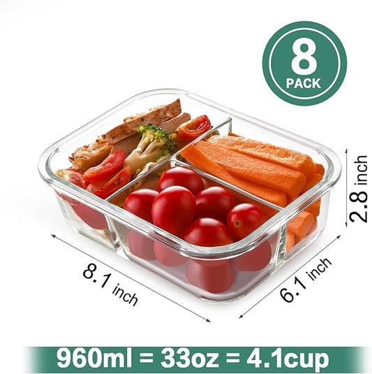 HOMBERKING 8 Pack Glass Meal Prep Containers 3 Compartment, 36oz Glass Food Storage Containers with Lids, Airtight Glass Lunch Bento Boxes, BPA-Free & Leak Proof (8 lids & 8 Containers) - Blue