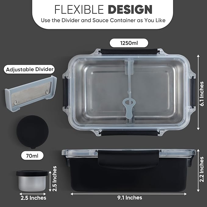 Bliss - Modern Leak proof Stainless Steel Lunch Box for Adults I Microwave safe | Metal Bento Box with 3 Compartments, Stainless steel Lunch Container, Metal Food Storage| Salad container