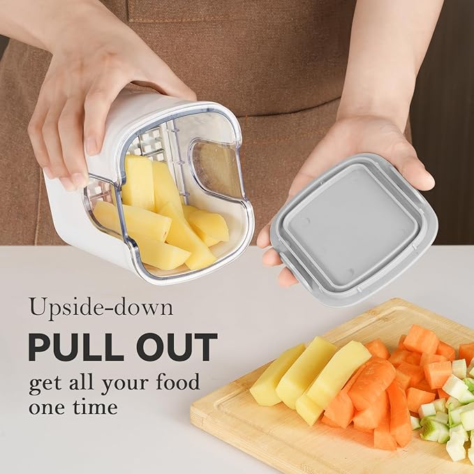 KEOUKE Vegetable Chopper 3 Interchangeable Blades Onion Chopper Multi-functional Potato French Fry Cutter Manual Vegetable Cutter Dicer for Cucumber, Tomato, Carrot with Container & Storage Box, White